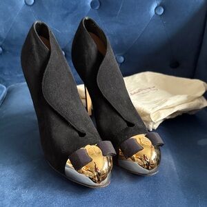 Salvatore Ferragamo Black Suede Ankle Heels with Gold Cap Toe and Grosgrain Bow